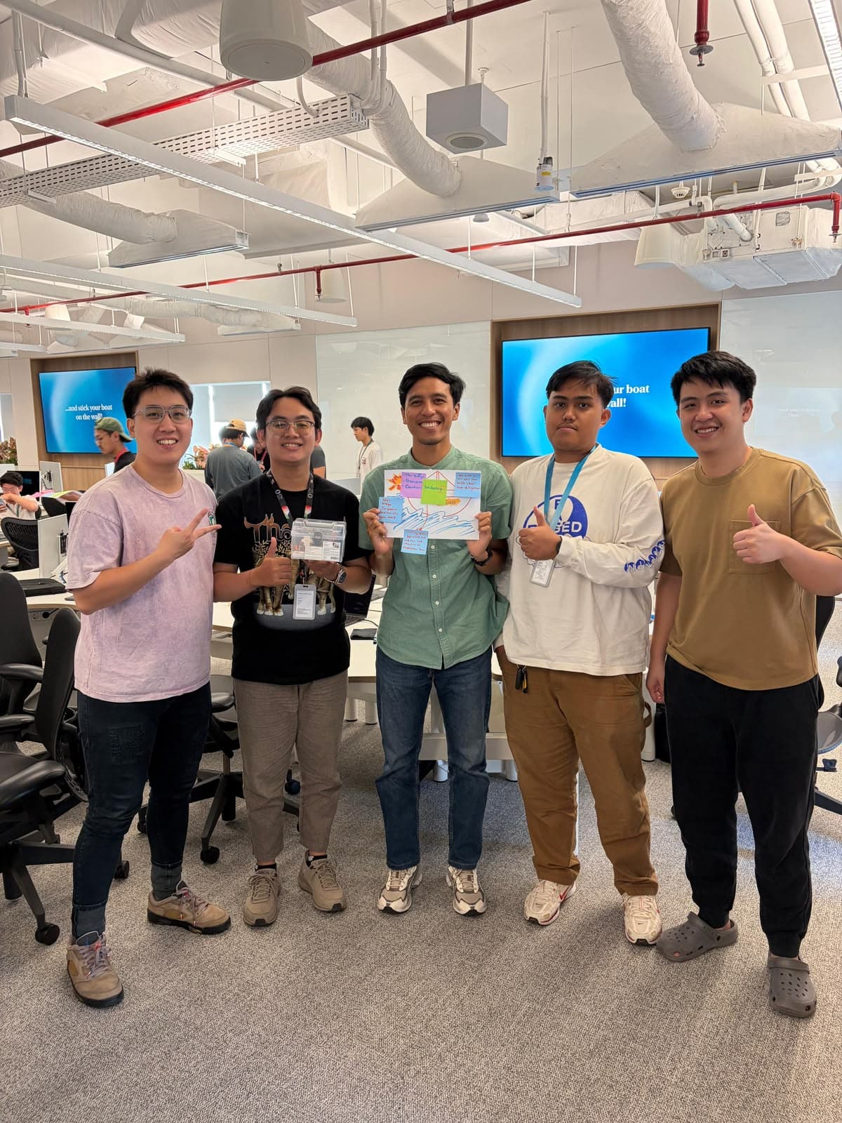 The five-person IoTeam holding the DoseLatch box and a hand-drawn concept poster