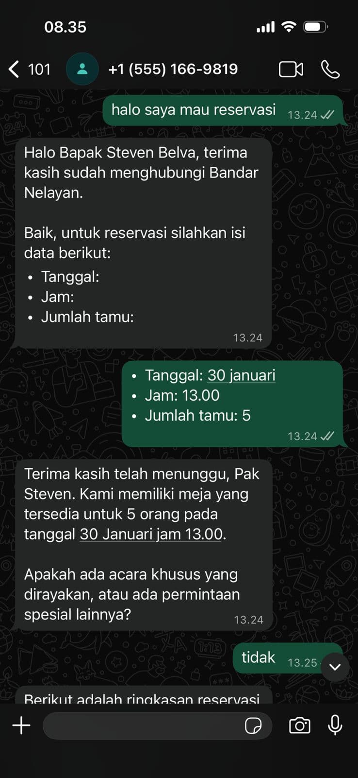 WhatsApp conversation in which a guest asks to book, the bot requests date, time and party size, and confirms a table is free