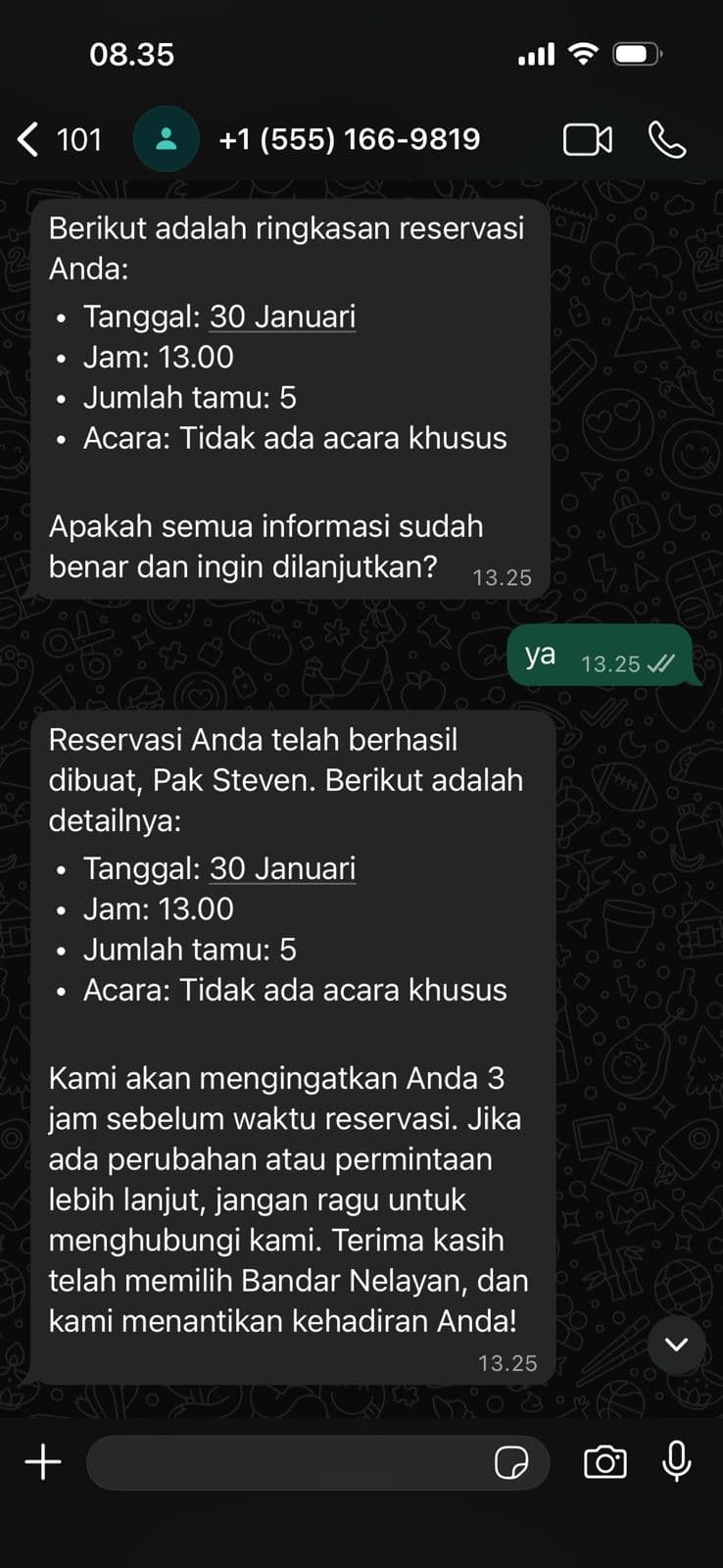 WhatsApp conversation showing the reservation read back for confirmation, the guest agreeing, and the booking confirmed with a reminder promised