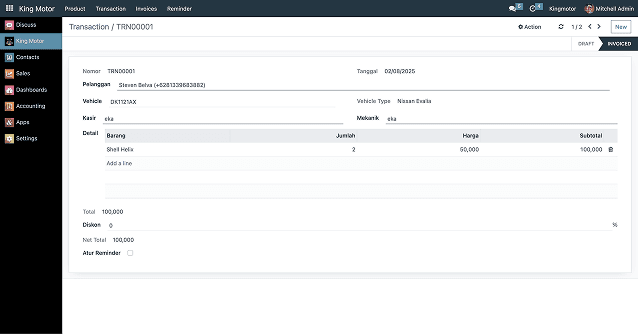 Odoo transaction screen for TRN00001 with customer, vehicle, mechanic, cashier, parts line items and totals