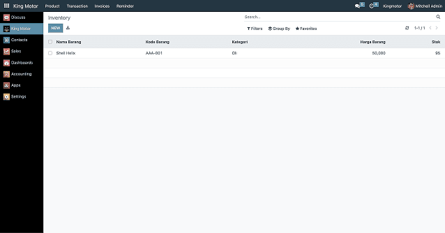 Inventory list with item name, part code, category, price and stock level