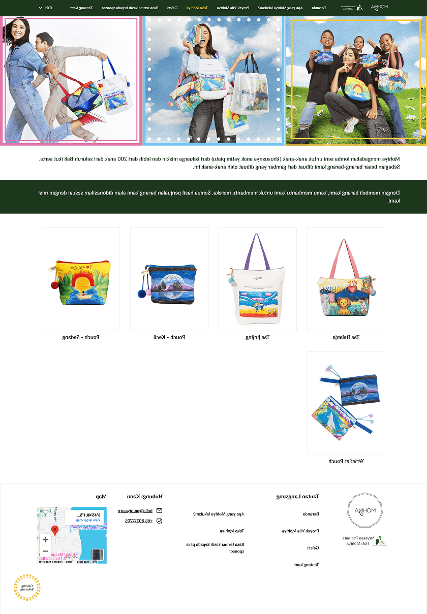 Mohiya storefront landing page: a lifestyle banner of models carrying printed tote bags above the first row of products