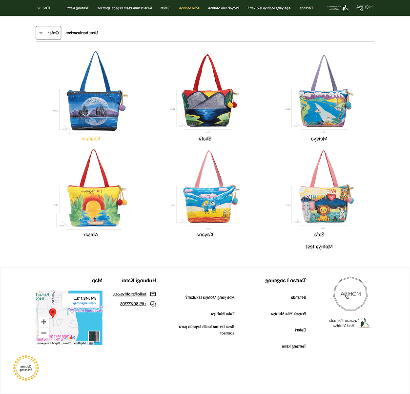 Product catalogue showing a grid of six printed tote bags with names and prices
