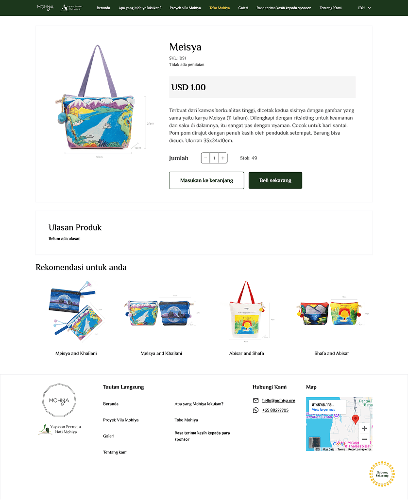 Product page for the Metsya tote with a large photo, price, description, quantity stepper, and add to cart and buy now buttons