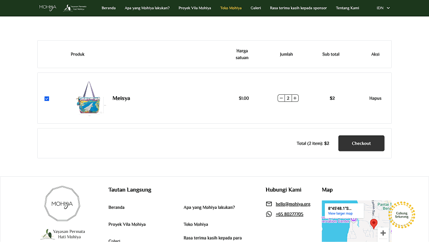 Shopping cart listing the product with unit price, a quantity stepper, subtotal and a checkout button