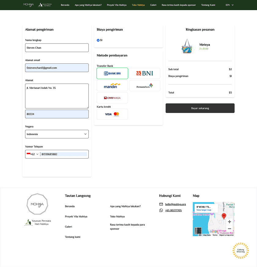 Checkout page with a shipping address form, Midtrans payment options including bank transfer and card, and an order summary