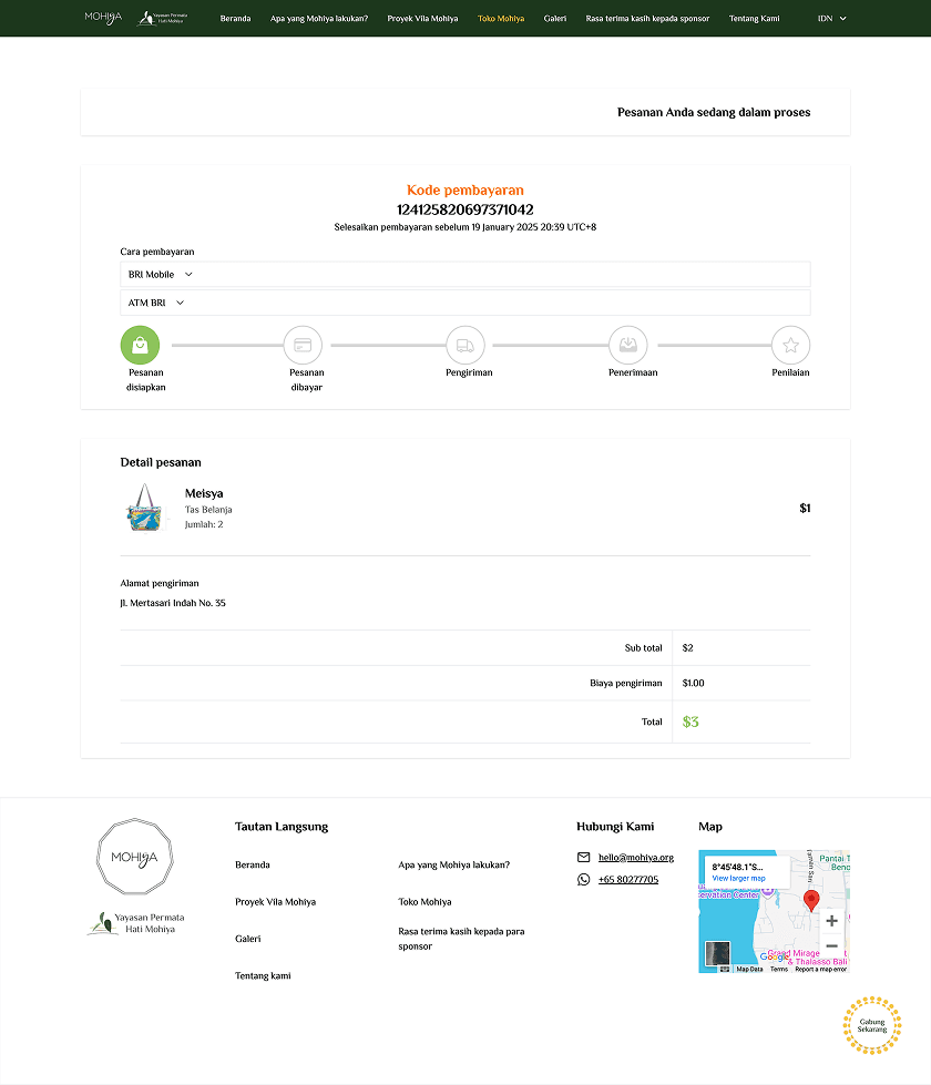 Order status page showing a payment code, a progress tracker from awaiting payment through to completion, and the order breakdown
