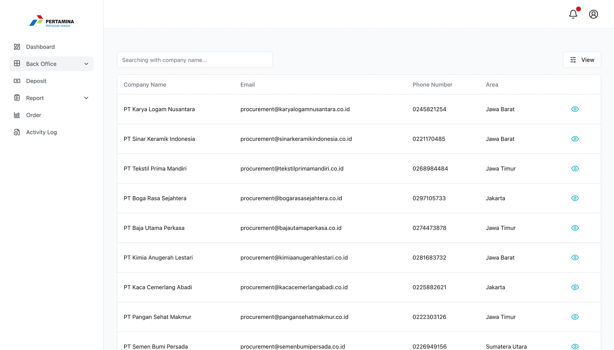 Company list seen by a role with view-only access: each row offers a view icon, and there is no create button