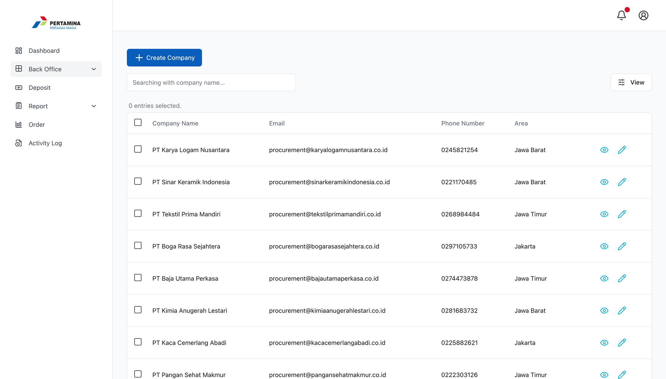 The same company list seen by an administrator: a create company button, row checkboxes, and both view and edit icons on every row