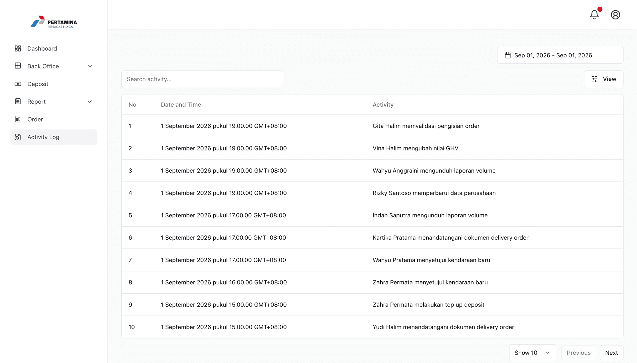 Activity log listing timestamped entries naming the user and what they did, such as validating an order, changing a GHV value, downloading a volume report or topping up a deposit