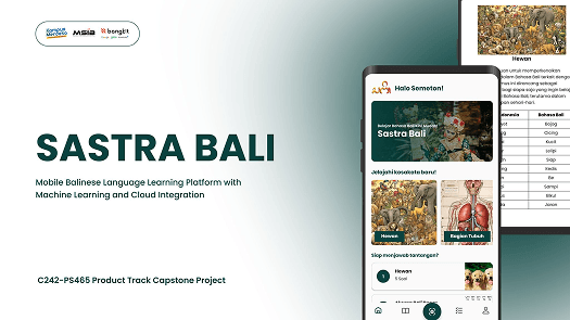 Sastra Bali title slide: a mobile Balinese language learning platform with machine learning and cloud integration, shown beside the app's home screen