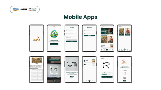 Grid of ten Android screens covering onboarding, sign-in, home, dictionary, scanner, quiz and results