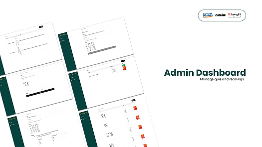 Admin dashboard slide showing screens for managing quiz questions and reading material