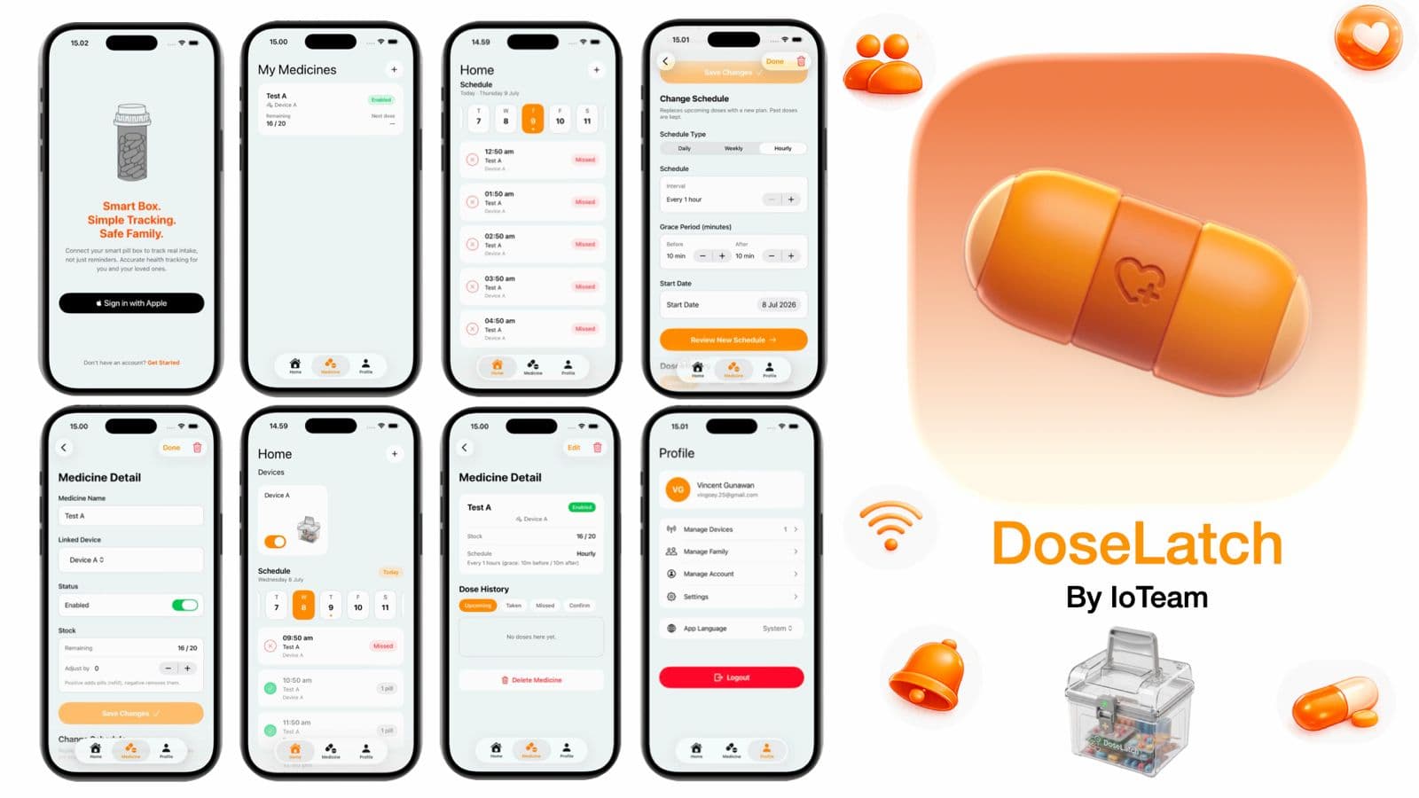 DoseLatch — the companion iOS app's screens beside the smart pill box