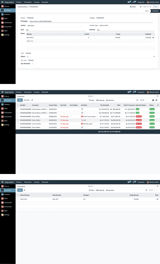 The Kingmotor POS built on Odoo — counter transactions, invoicing and parts inventory