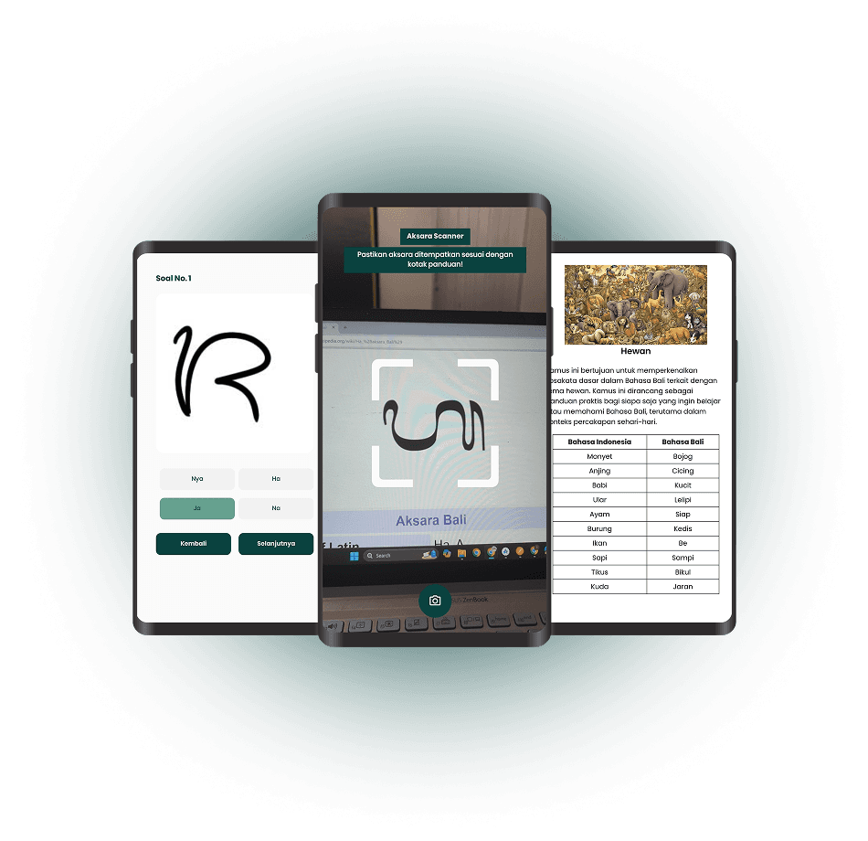 Sastra Bali on three phones — the script quiz, the Aksara scanner and the Balinese–Indonesian dictionary